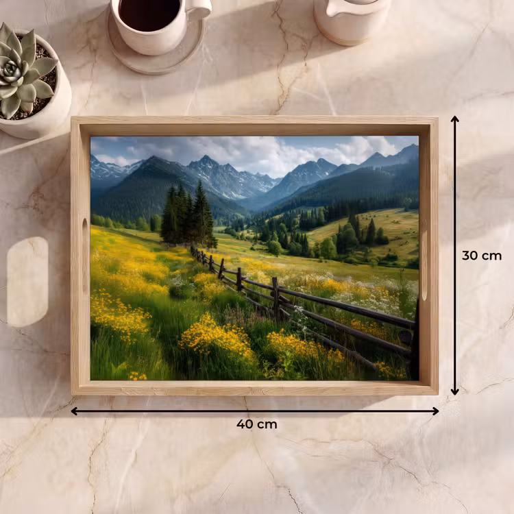 Tablett - Feld - Zaun - Berge - Blumen — 7