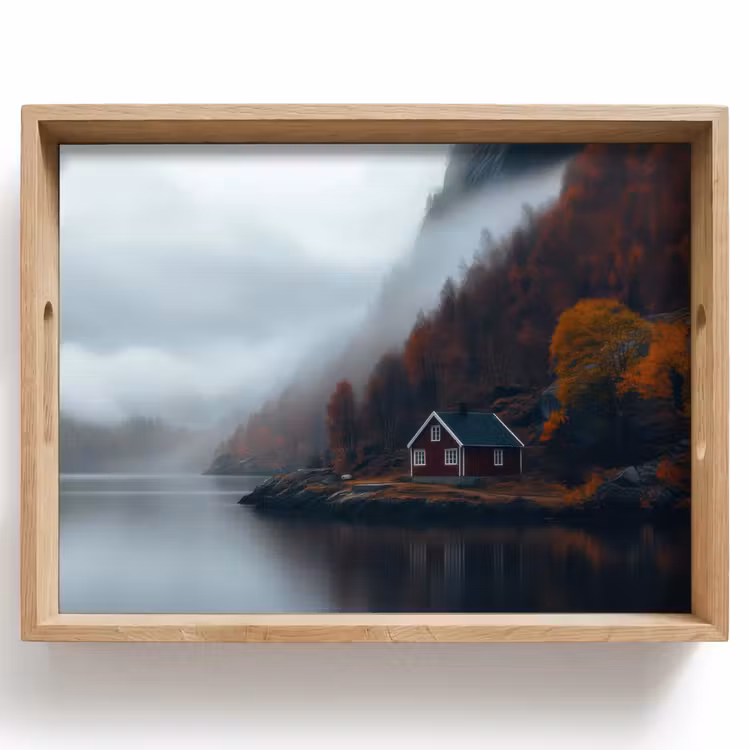 Tablett - Haus - Rot - Berge - Wasser — 1