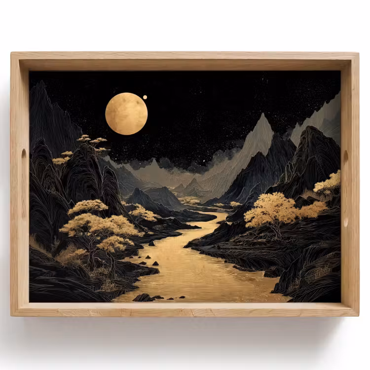 Tablett - Goldener Fluss - Berge - Mond - Sternenhimmel — 1