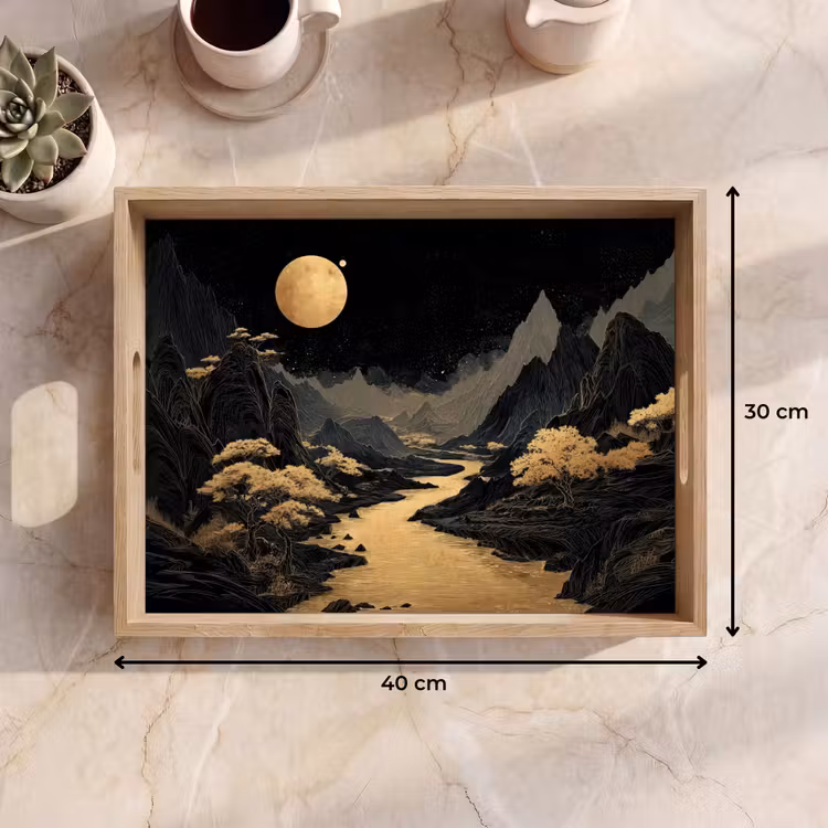 Tablett - Goldener Fluss - Berge - Mond - Sternenhimmel — 7