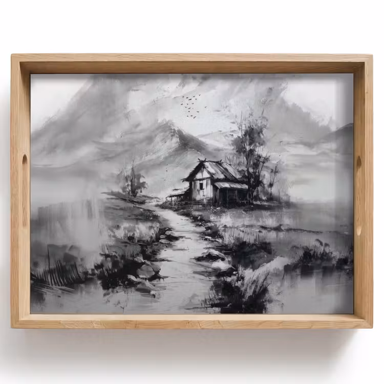 Tablett - Hütte - Grau - Berge - Neblig — 1