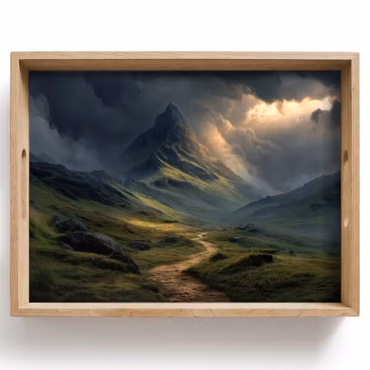 Tablett - Berge - Gewundener Pfad - Grün - Wolken — 1
