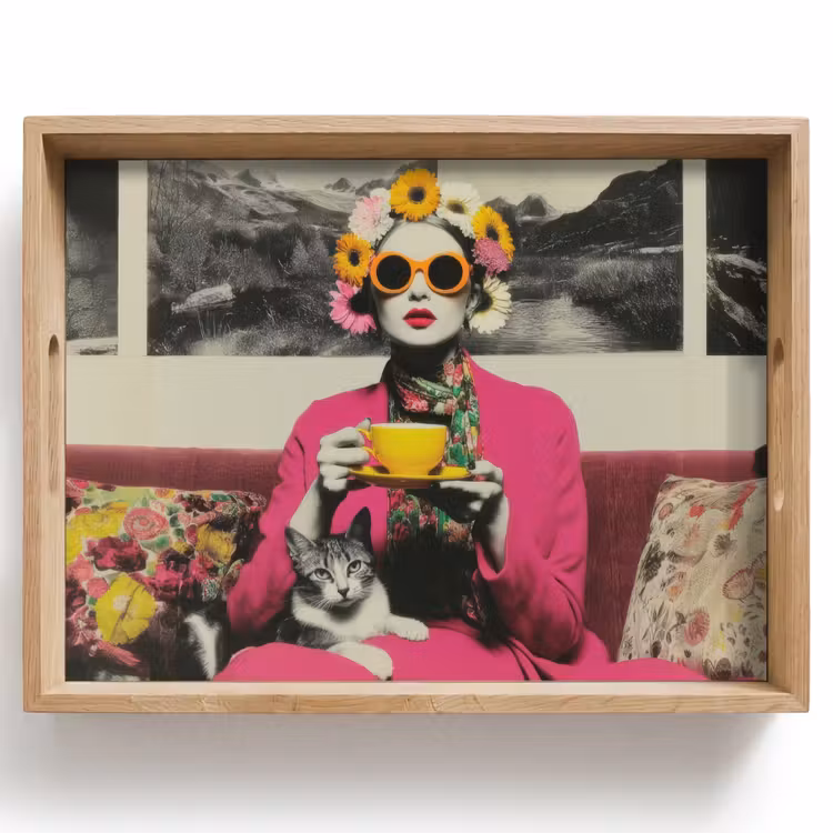 Tablett - Frau - Katze - Blumen - Tasse - Retro — 1