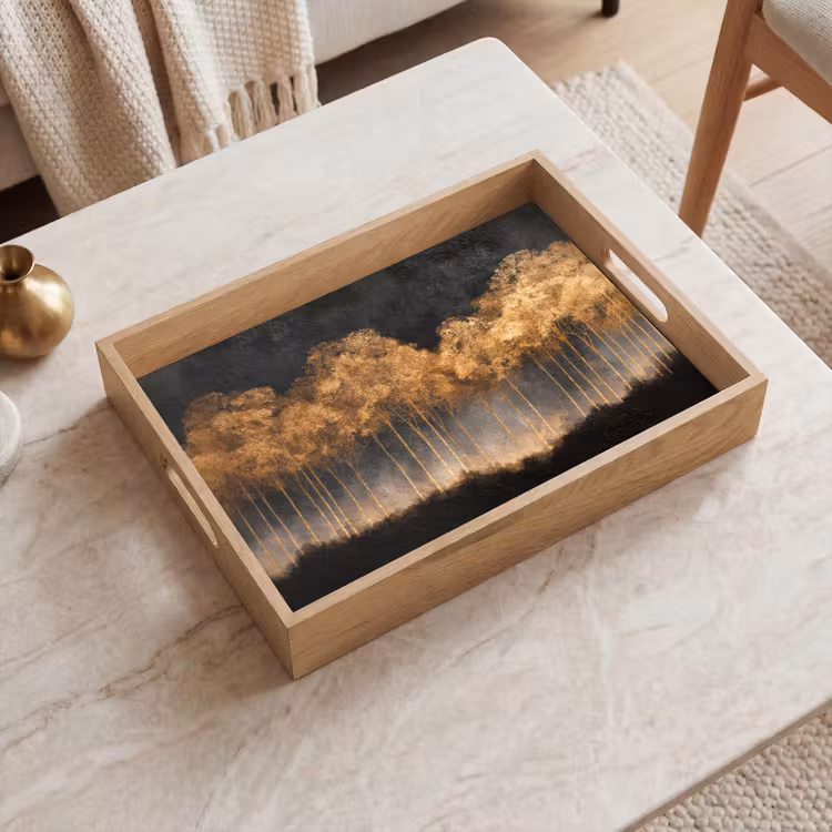 Tablett - Goldene Bäume in nebliger Landschaft — 2