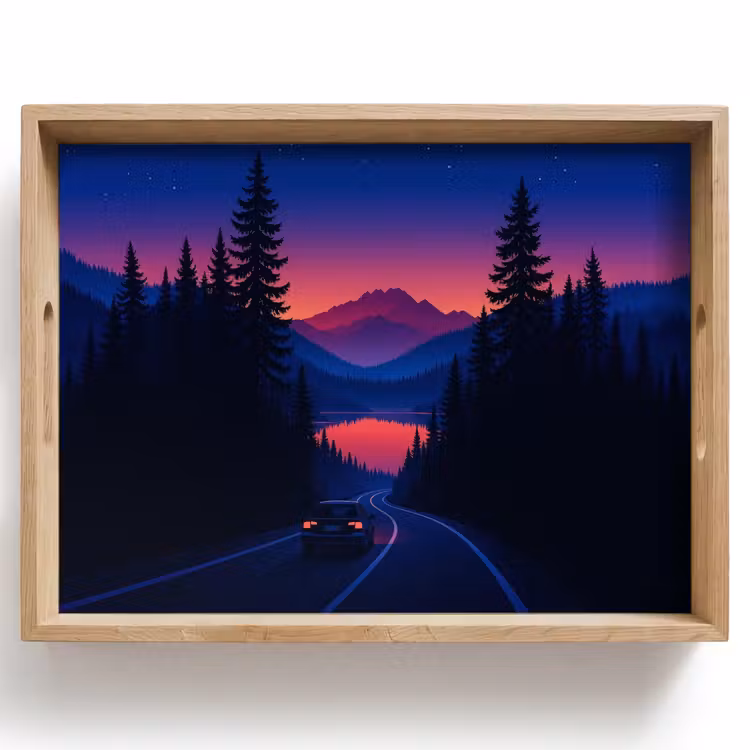 Tablett - Auto - Dunkle Kiefern - Sonnenuntergang — 1