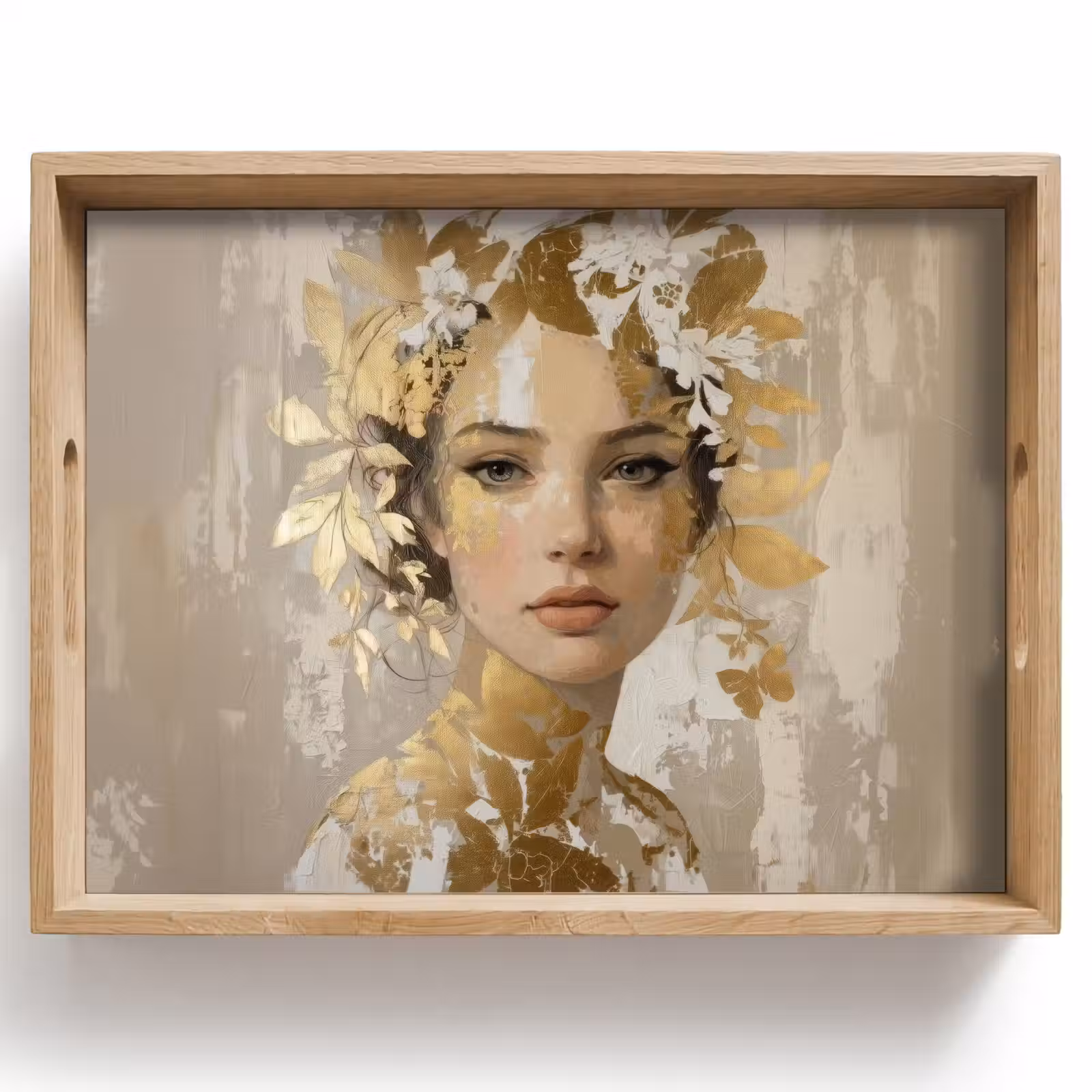 Tablett - Gesicht - Frau - Blätter - Gold — 1
