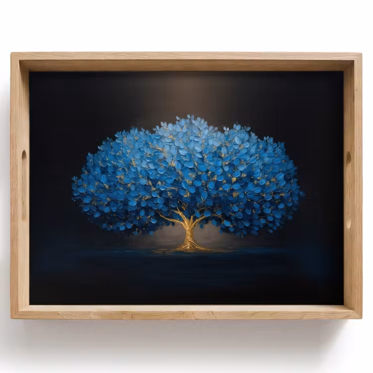 Tablett - Baum - Blau - Blätter - Pinselstriche — 1