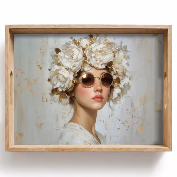 Tablett - Gemälde - Frau - Sonnenbrille - Blumenkranz — 1