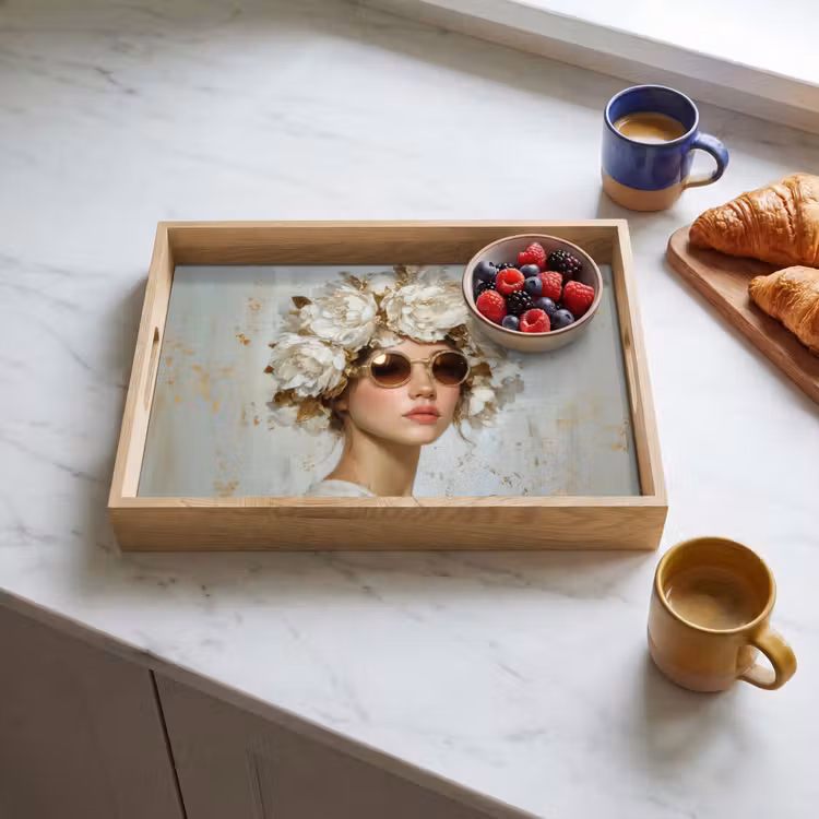 Tablett - Gemälde - Frau - Sonnenbrille - Blumenkranz — 3