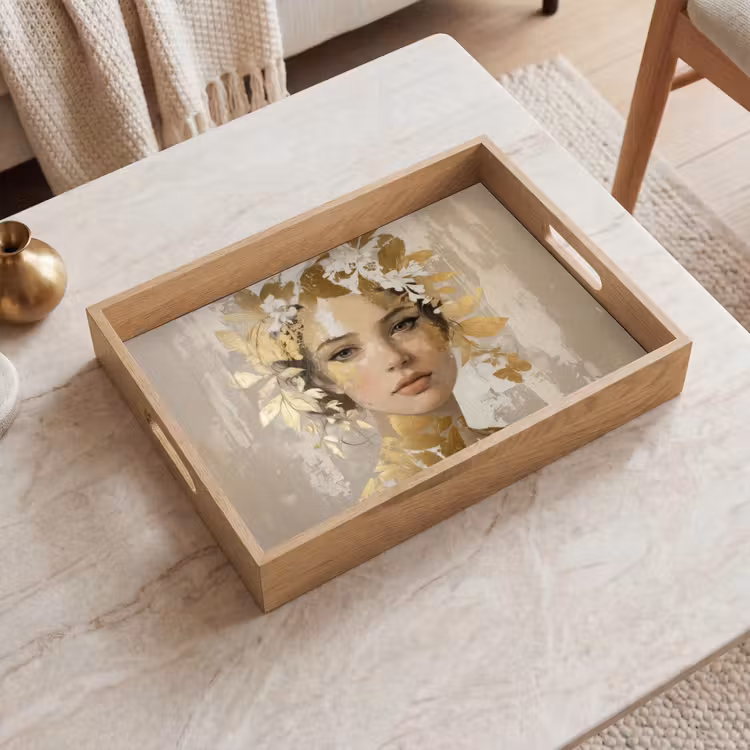 Tablett - Gesicht - Frau - Blätter - Gold — 2