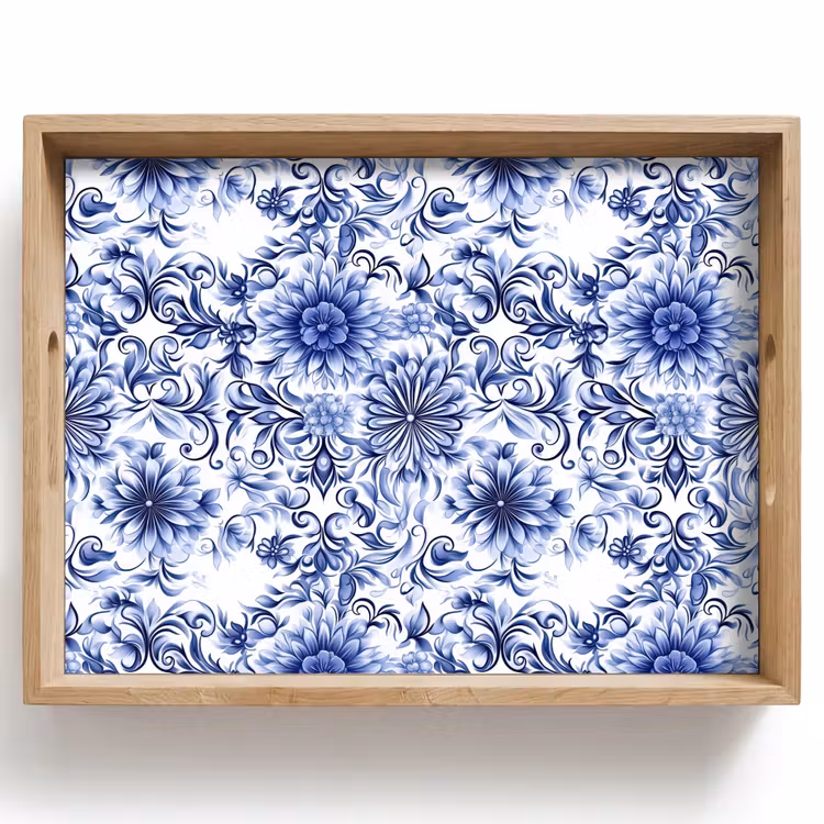 Tablett - Blumen - Blau - Muster - Weiß — 1