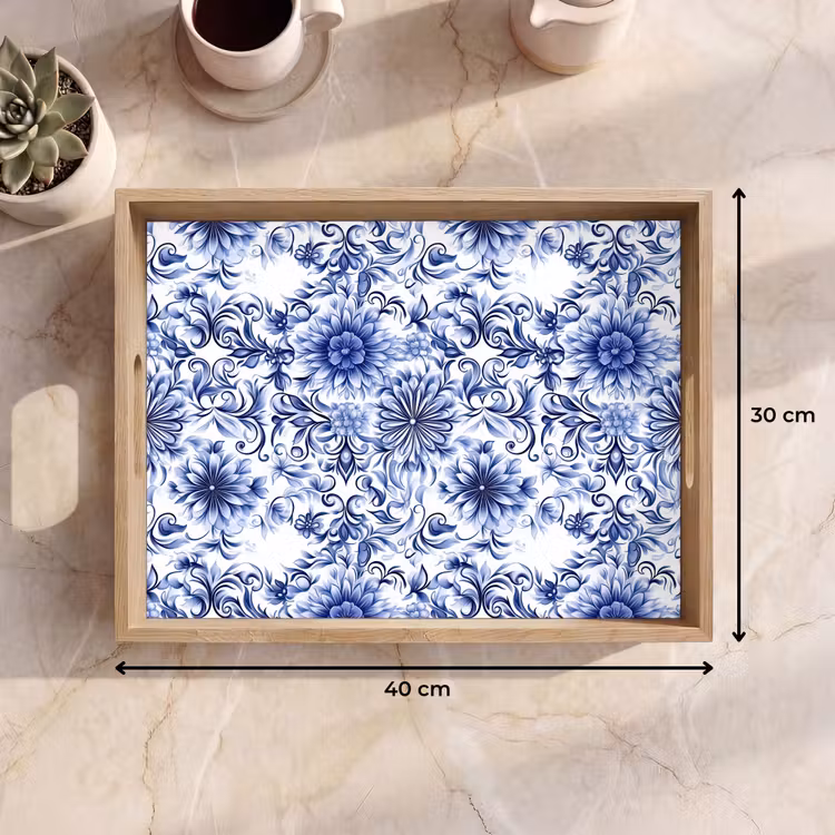 Tablett - Blumen - Blau - Muster - Weiß — 7