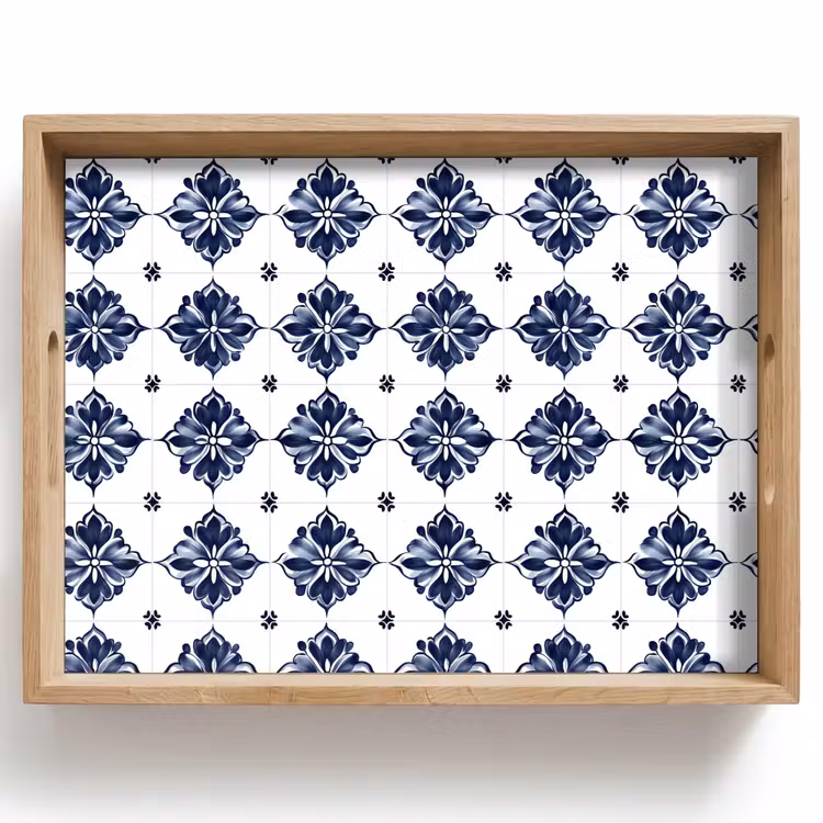 Tablett - Kachelmotiv - Blau - Weiß - Blume — 1