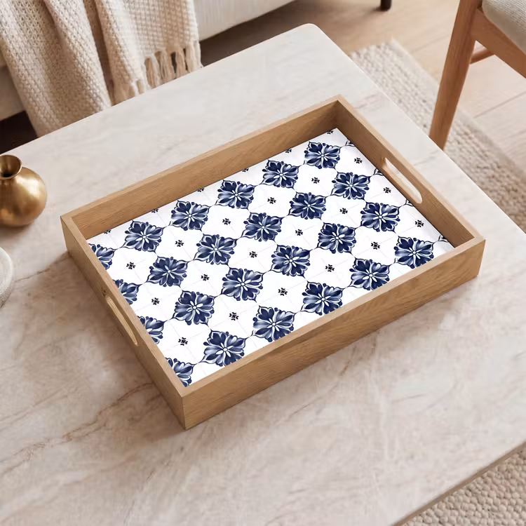 Tablett - Kachelmotiv - Blau - Weiß - Blume — 2