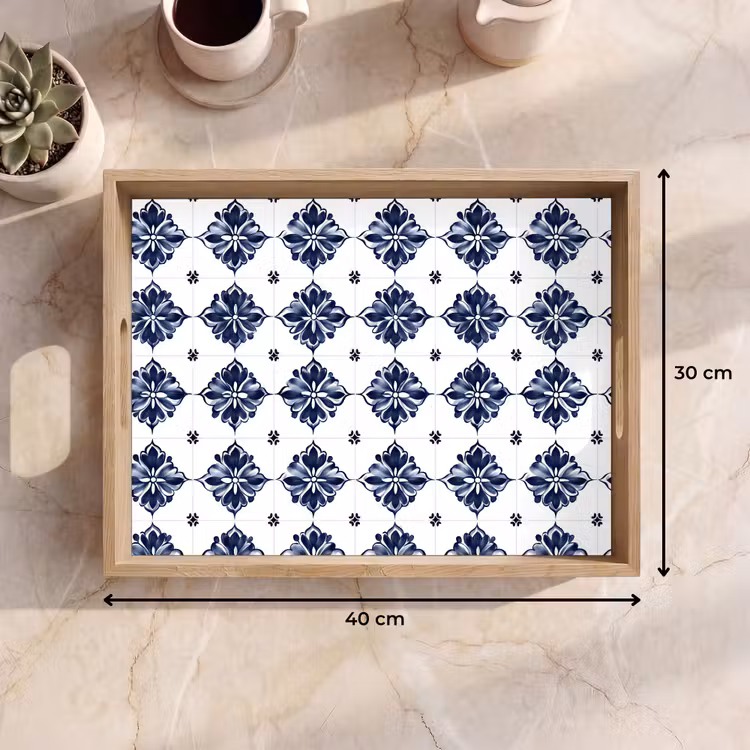 Tablett - Kachelmotiv - Blau - Weiß - Blume — 7