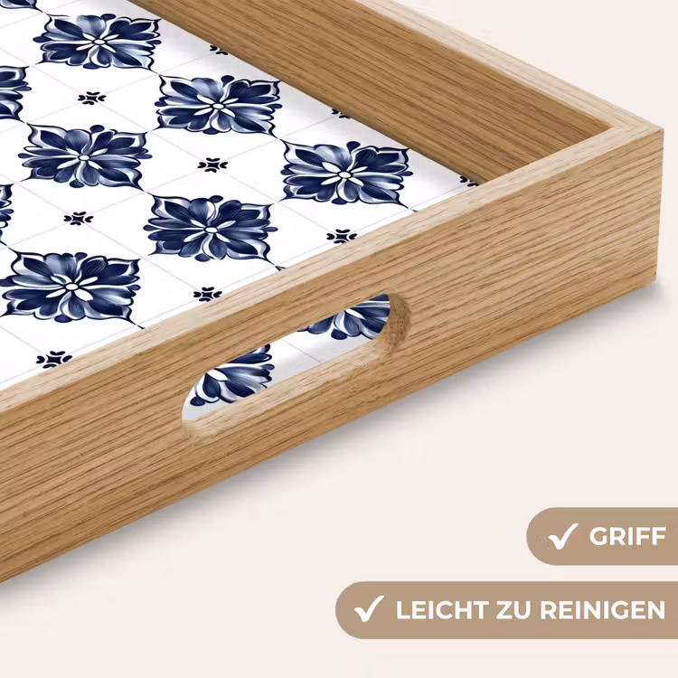 Tablett - Kachelmotiv - Blau - Weiß - Blume — 8