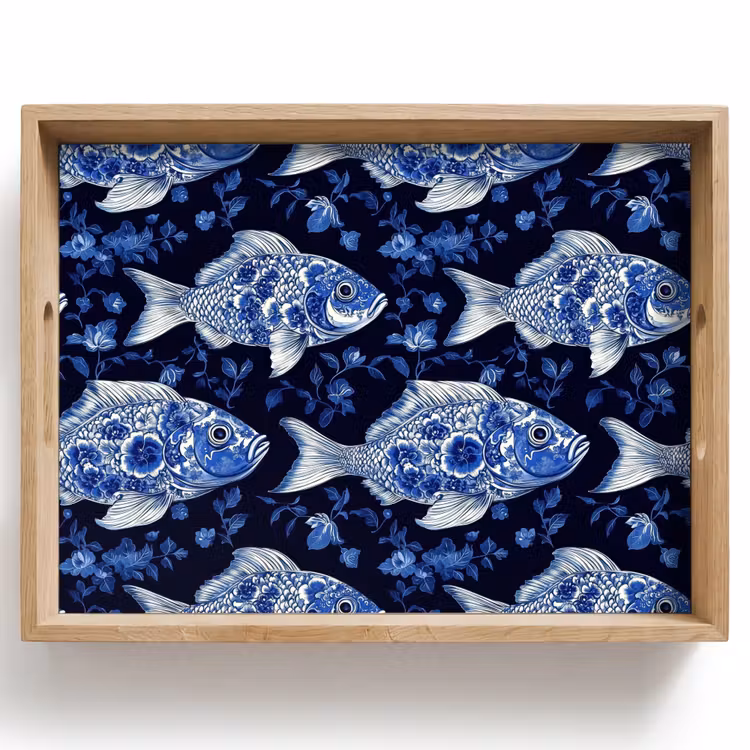 Tablett - Fische - Blumen - Blau — 1