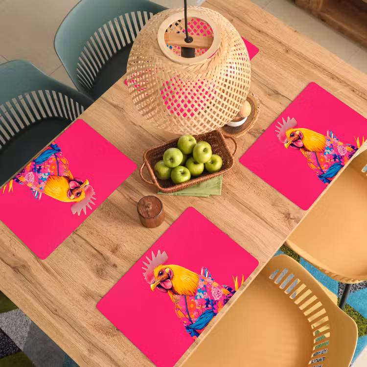 Tischset - Hahn - Bunt - Kimono - Rosa — 3