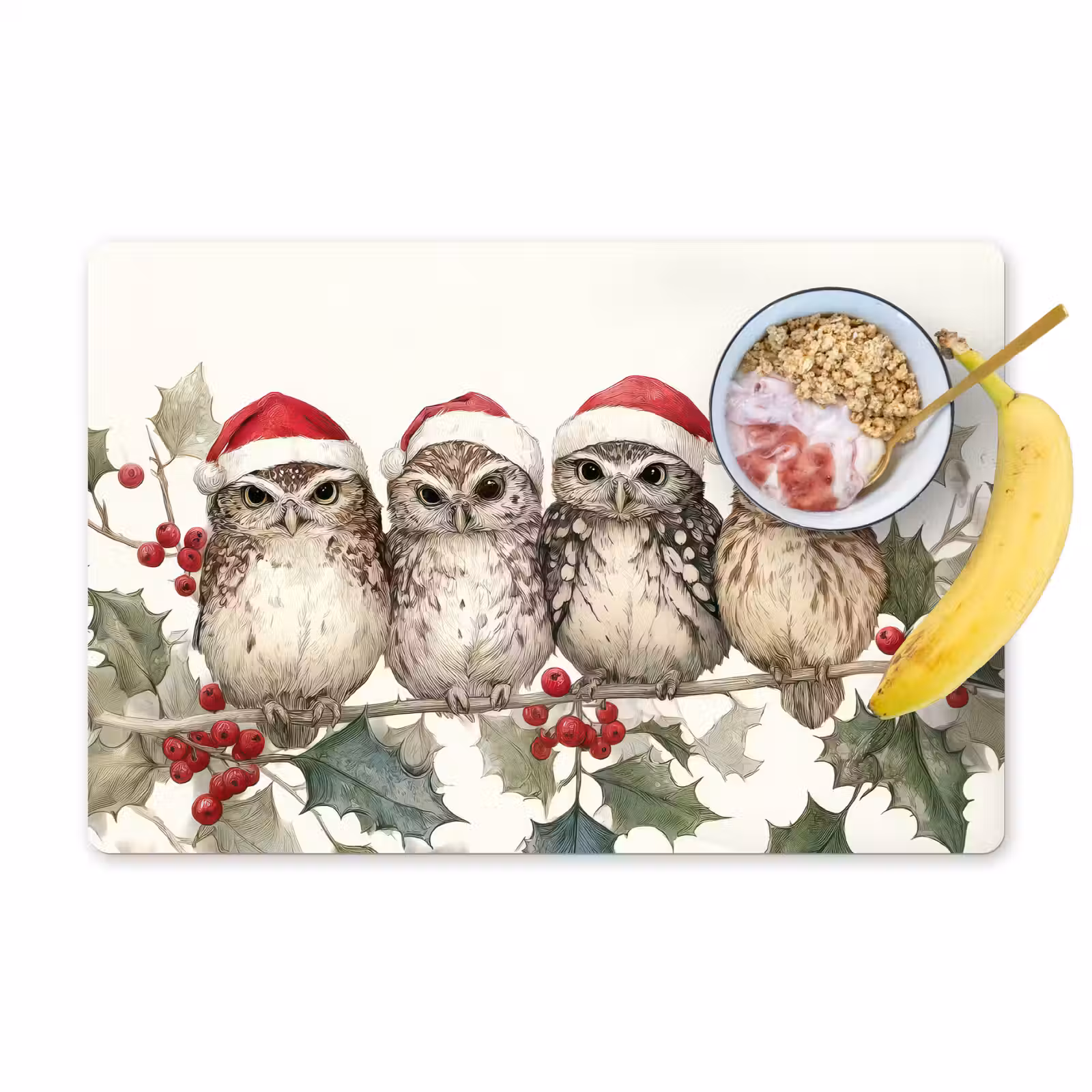 Tischset - 6 Stück - Eulen - Zweig - Stechpalmenblätter - Weihnachtsmannmütze - 6 Stück — 1