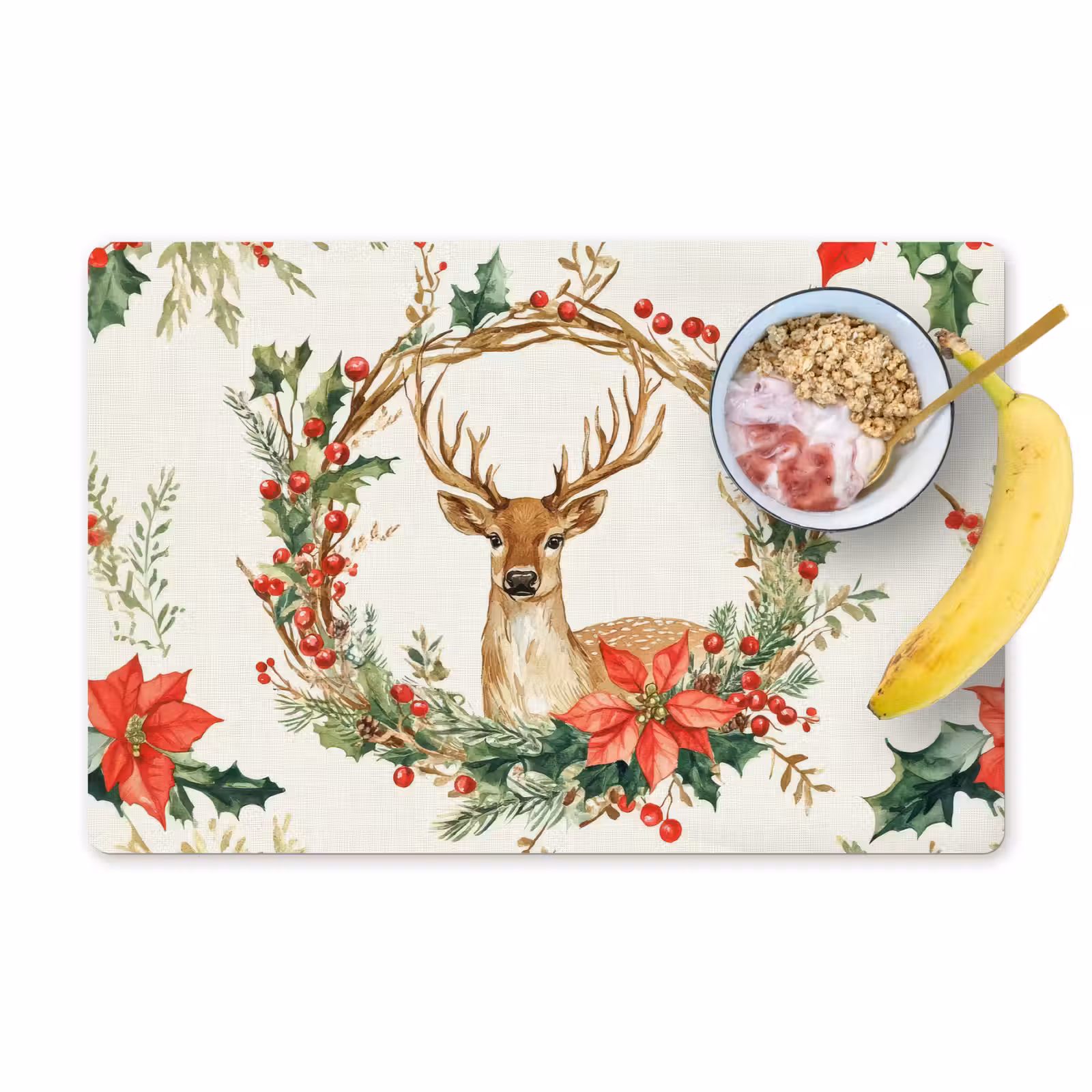 Tischset - 6 Stück - Weihnachtskranz - Hirsch - Stechpalme - Rot - 6 Stück — 1