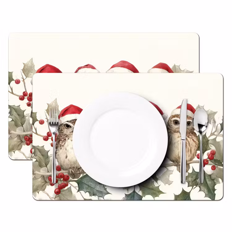 Tischset - 6 Stück - Eulen - Zweig - Stechpalmenblätter - Weihnachtsmannmütze - 6 Stück — 2