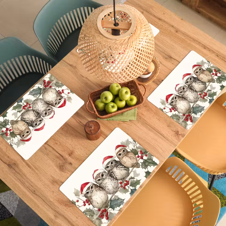 Tischset - 6 Stück - Eulen - Zweig - Stechpalmenblätter - Weihnachtsmannmütze - 6 Stück — 3