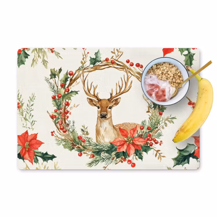 Tischset - 6 Stück - Weihnachtskranz - Hirsch - Stechpalme - Rot - 6 Stück — 1
