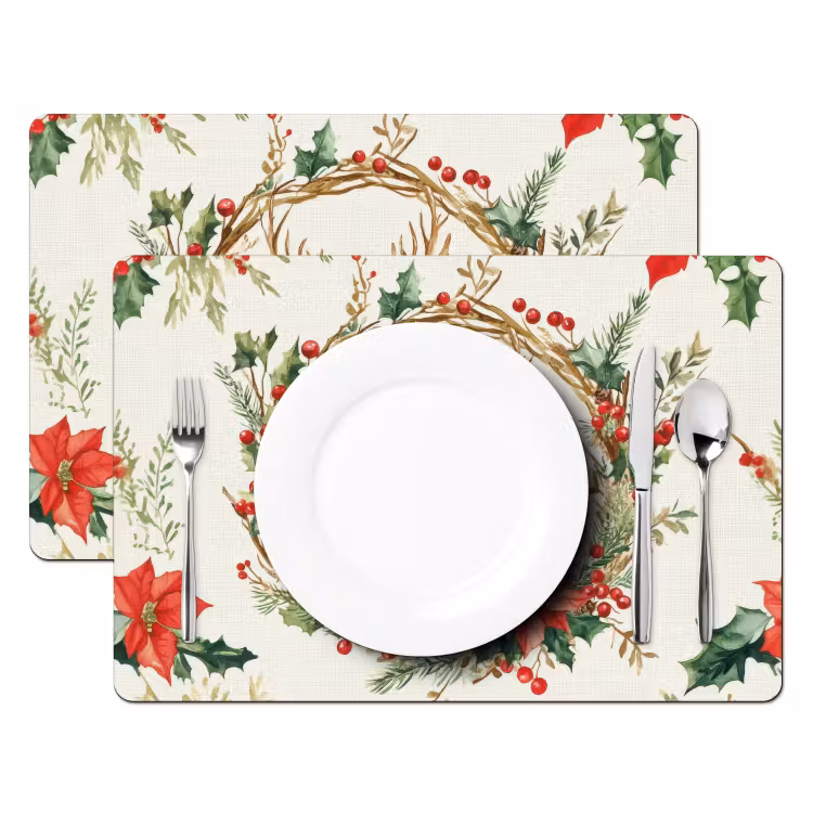 Tischset - 6 Stück - Weihnachtskranz - Hirsch - Stechpalme - Rot - 6 Stück — 2