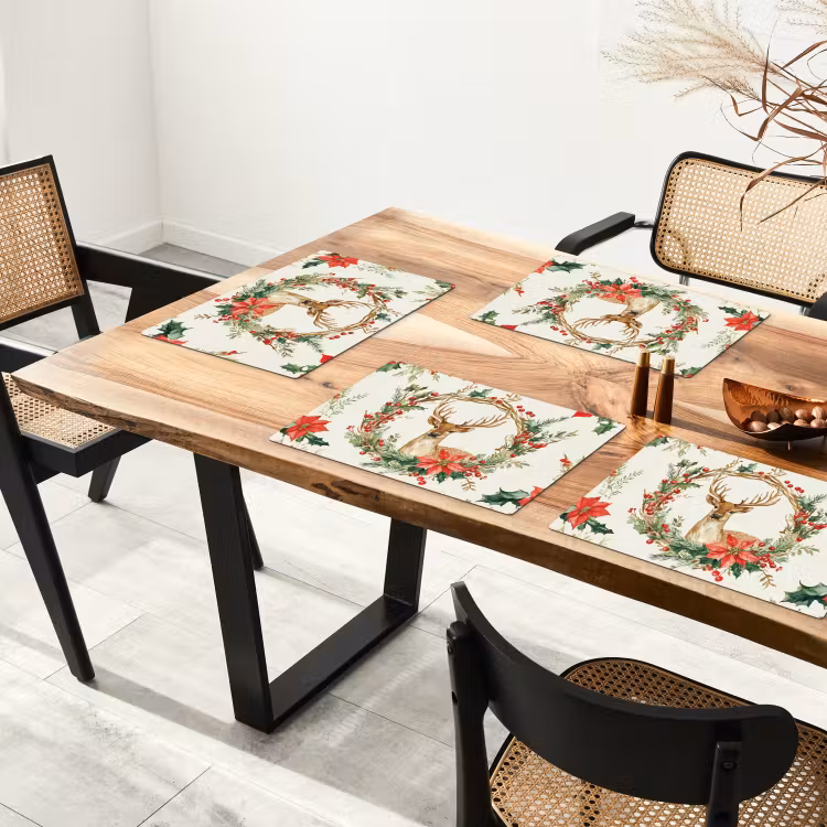 Tischset - 6 Stück - Weihnachtskranz - Hirsch - Stechpalme - Rot - 6 Stück — 4