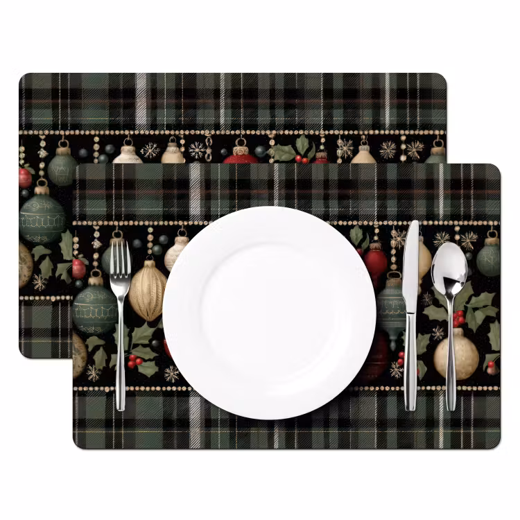 Tischset - 6 Stück - Weihnachtskugeln - Rot - Stechpalmenzweige - Muster - 6 Stück — 2