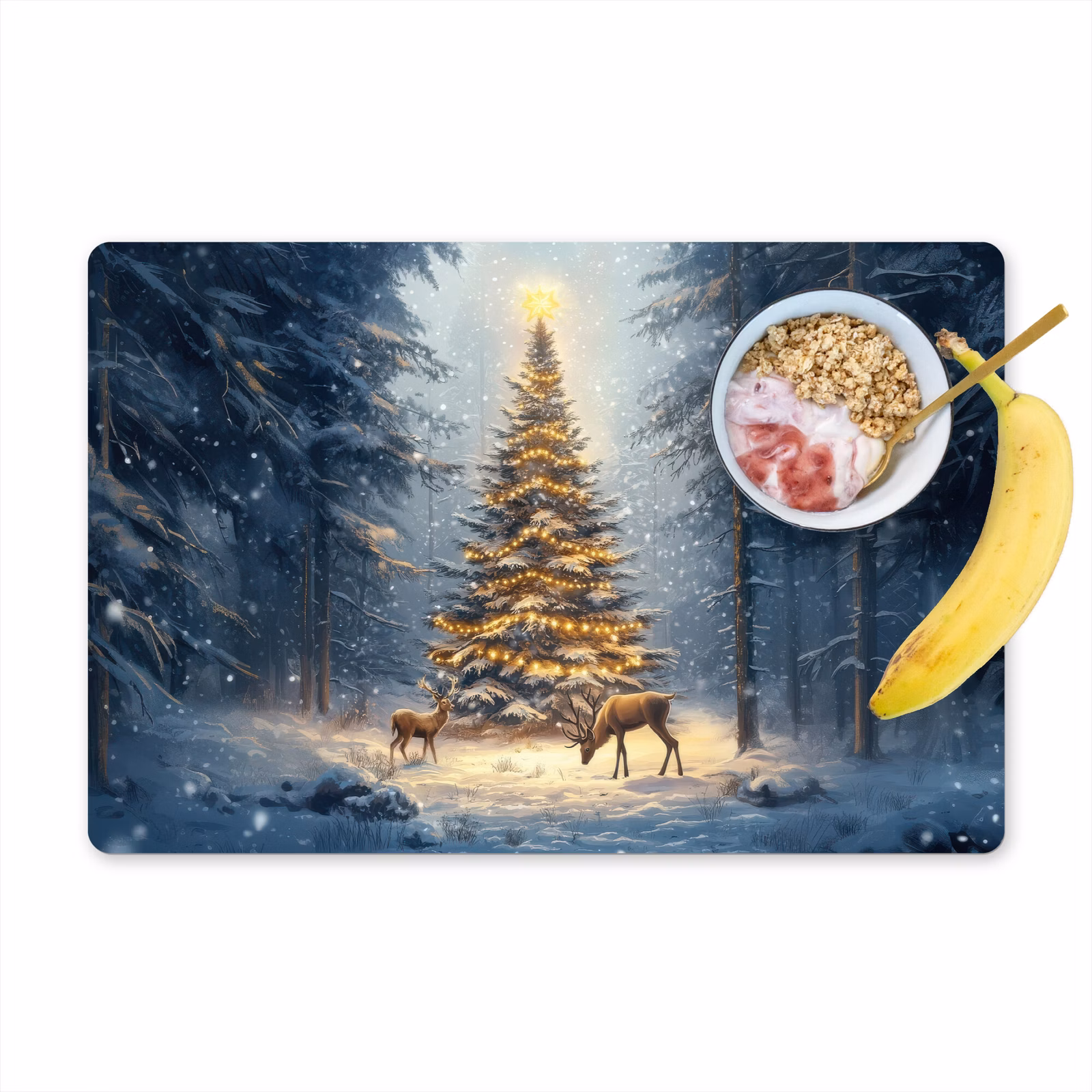 Tischset - Weihnachtsbeleuchtung - Wald - Hirsche - Dunkelheit — 1