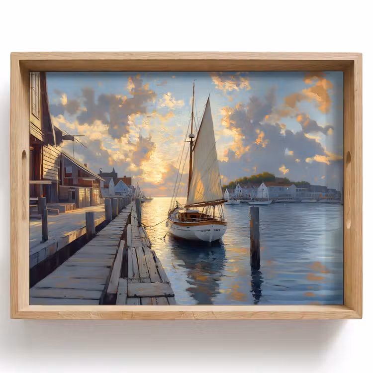 Tablett - Segelboot - Sonne - Pier - Holz — 1