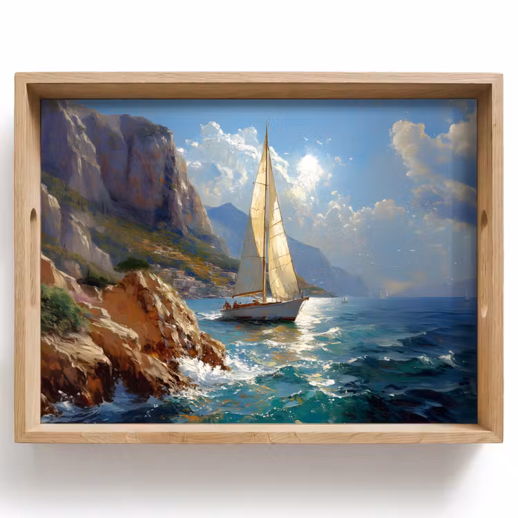 Tablett - Segelschiff - Meer - Felsen - Wolken — 1