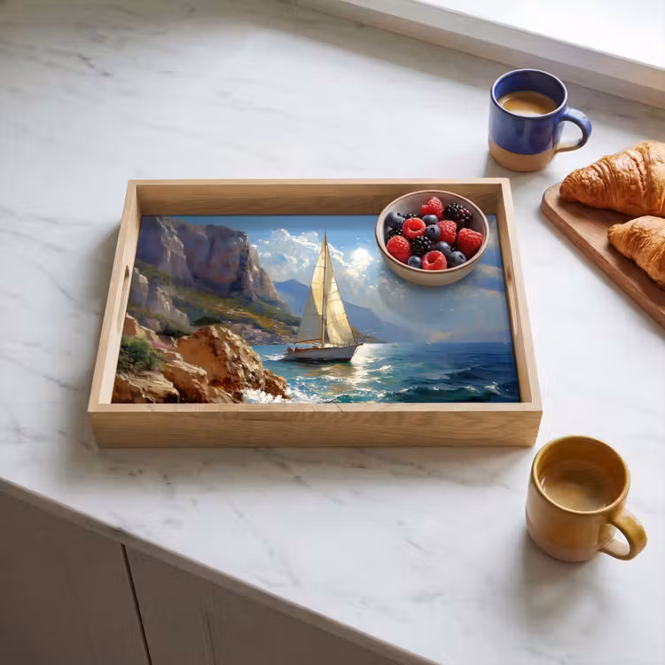 Tablett - Segelschiff - Meer - Felsen - Wolken — 3