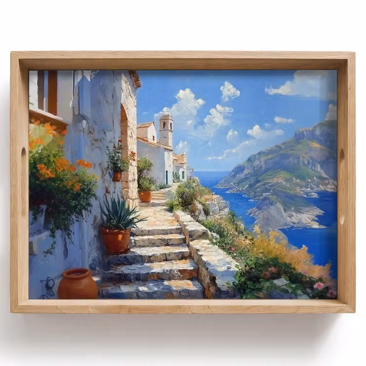 Tablett - Treppe - Häuser - Berglandschaft - Meer — 1