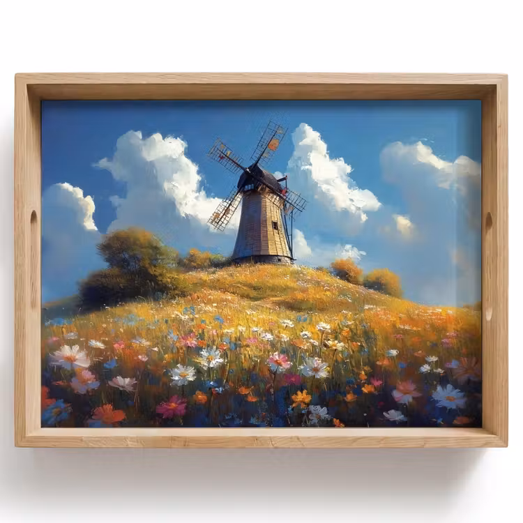 Tablett - Windmühle - Hügel - Blumen - Farbenfroh — 1
