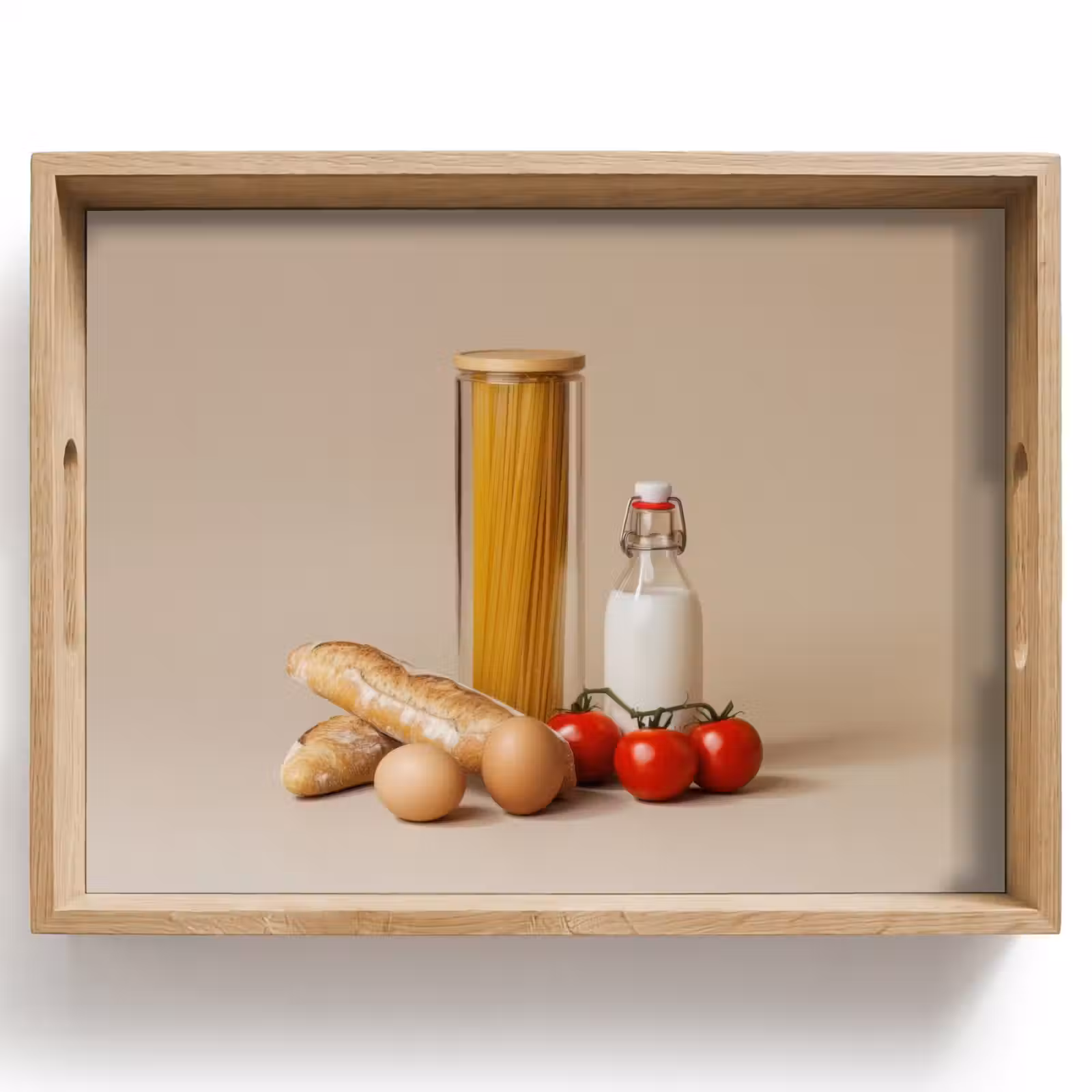 Tablett - Spaghetti - Milch - Tomaten - Eier - Brot — 1
