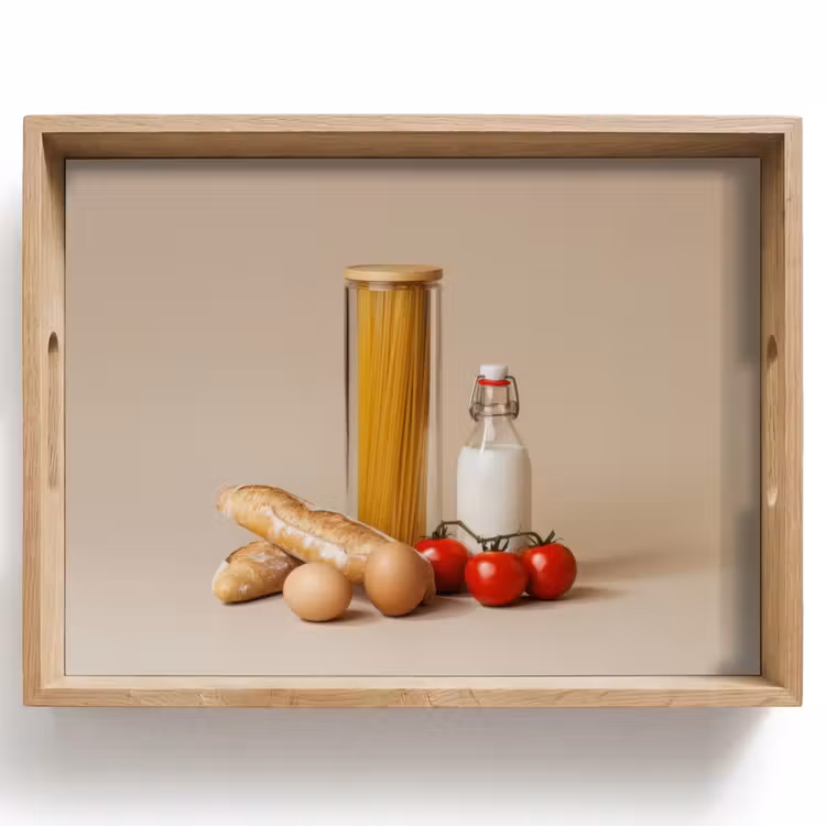 Tablett - Spaghetti - Milch - Tomaten - Eier - Brot — 1