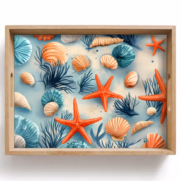 Tablett - Seesterne - Muscheln - Illustration - Sand — 1