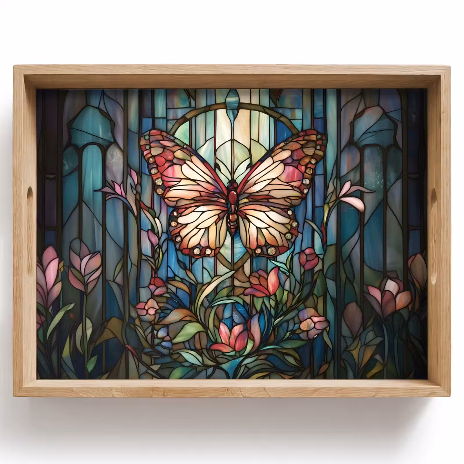 Tablett - Schmetterling - Rosa - Blumen - Blätter — 1