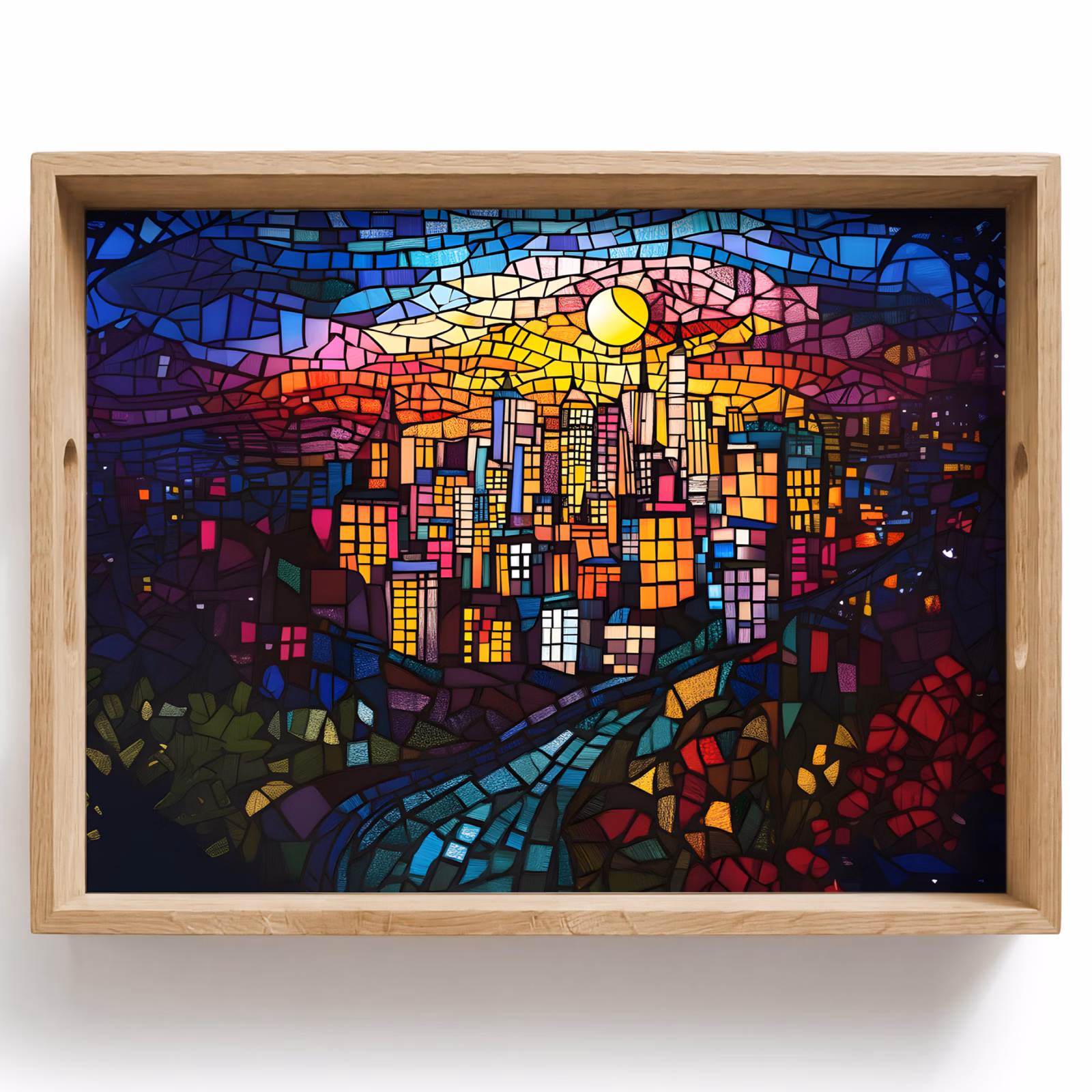 Tablett - Stadt - Mond - Mosaik - Farbenfroh — 1