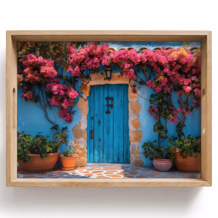 Tablett - Tür - Holz - Blumen - Blau — 1