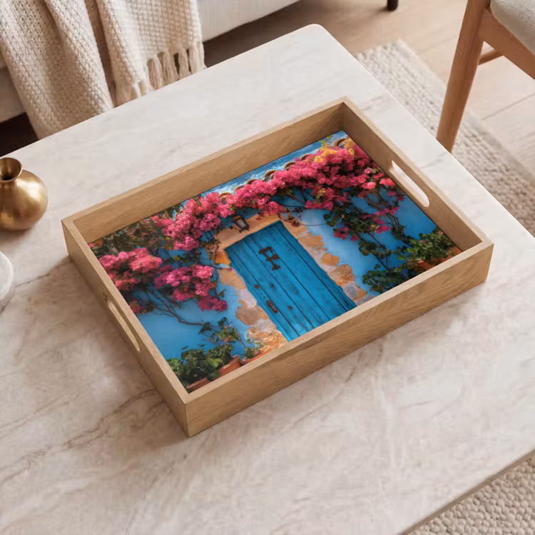 Tablett - Tür - Holz - Blumen - Blau — 2