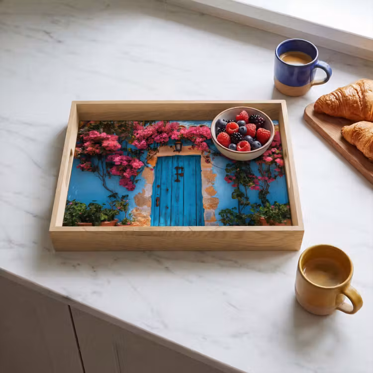 Tablett - Tür - Holz - Blumen - Blau — 3