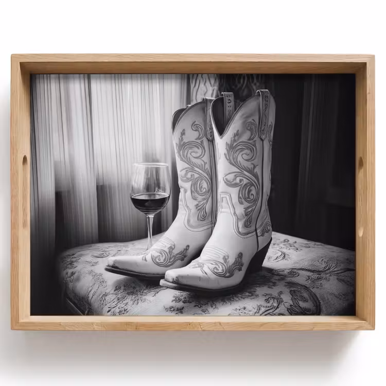 Tablett - Wein - Cowboystiefel - Fensterlicht - Weiß — 1
