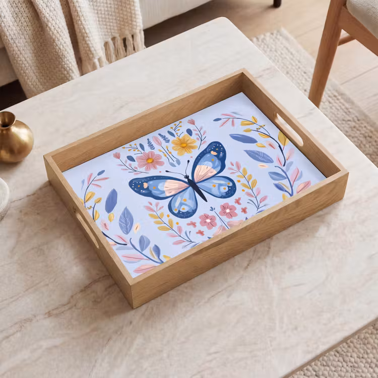 Tablett - Schmetterling - Hellblau - Ornamental - Blumen — 2