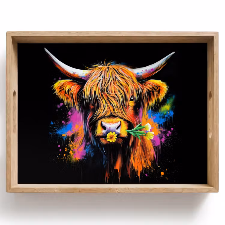 Tablett - Schottischer Highlander - Graffiti - Bunt - Blume - Tiere — 1