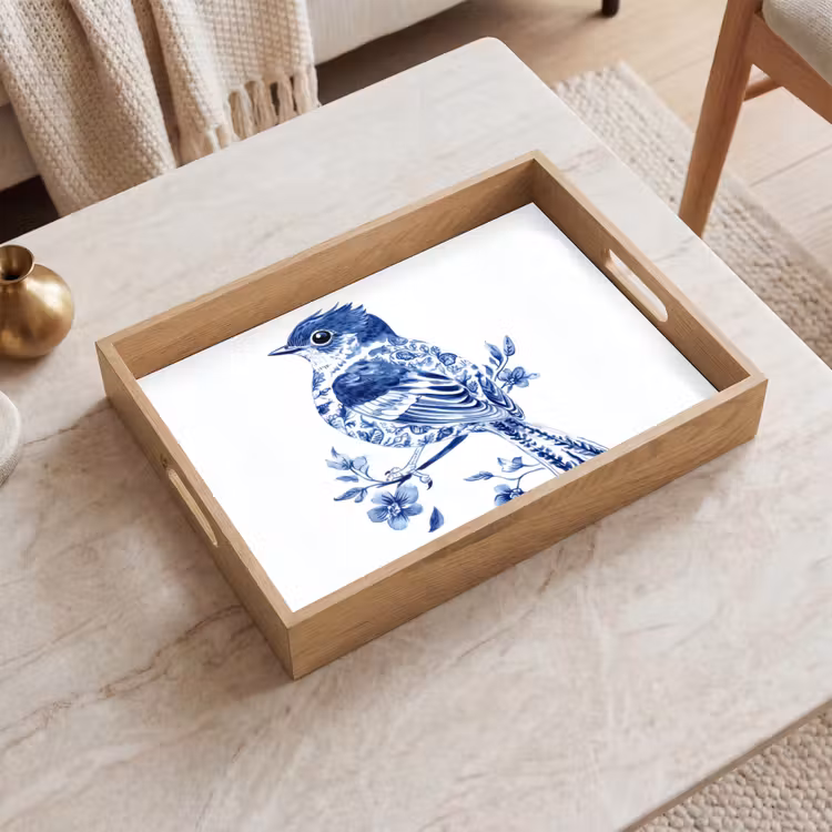 Tablett - Vogel - Delfter Blau - Illustration - Blumen — 2