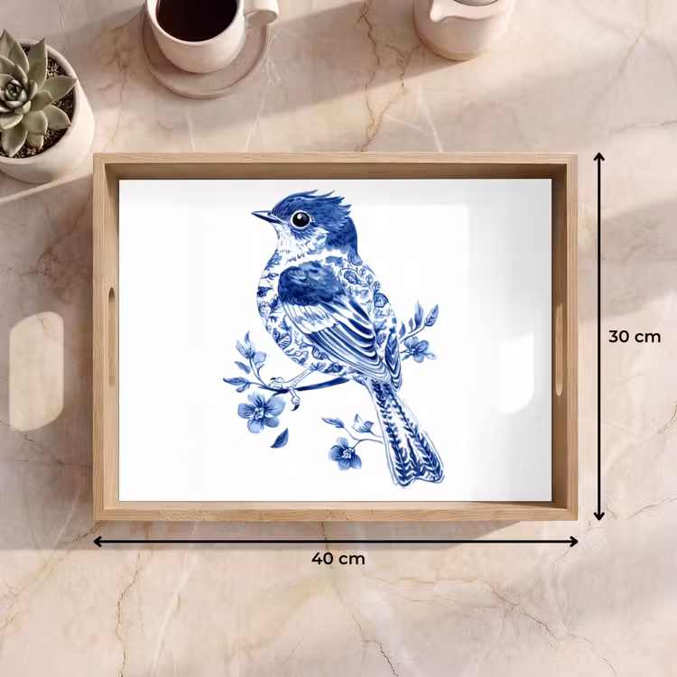 Tablett - Vogel - Delfter Blau - Illustration - Blumen — 7