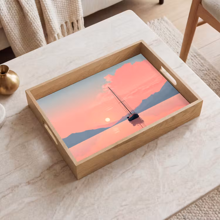 Tablett - Segelboot - Rosa Meer - Sonnenuntergang - Berge — 2